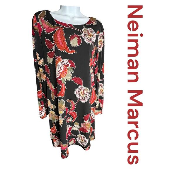 Neiman Marcus Women's Floral Round Neck Long Sleeve Mini Dress Black Red Sz 6 - Picture 2 of 11